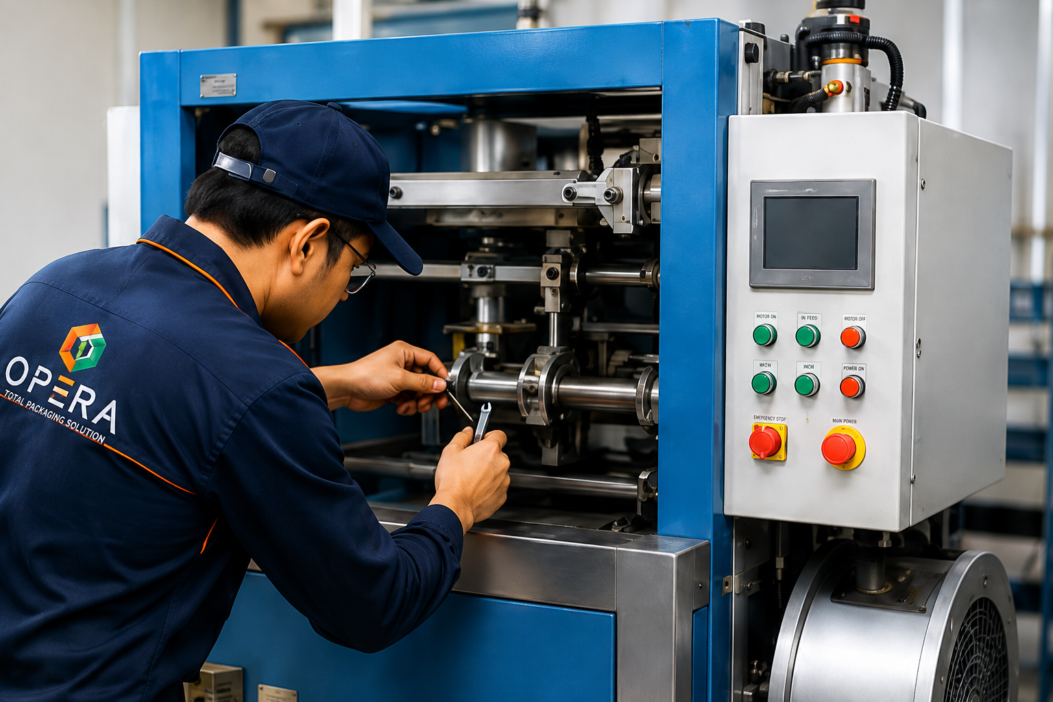 Opera technician servicing an industrial packaging machine under an Annual Maintenance Contract